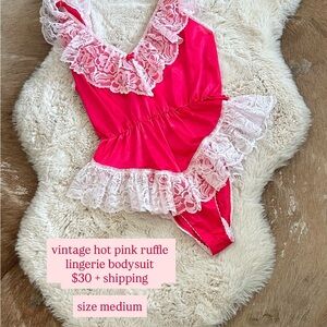 Hot Pink Ruffle Bodysuit with Lace Trim